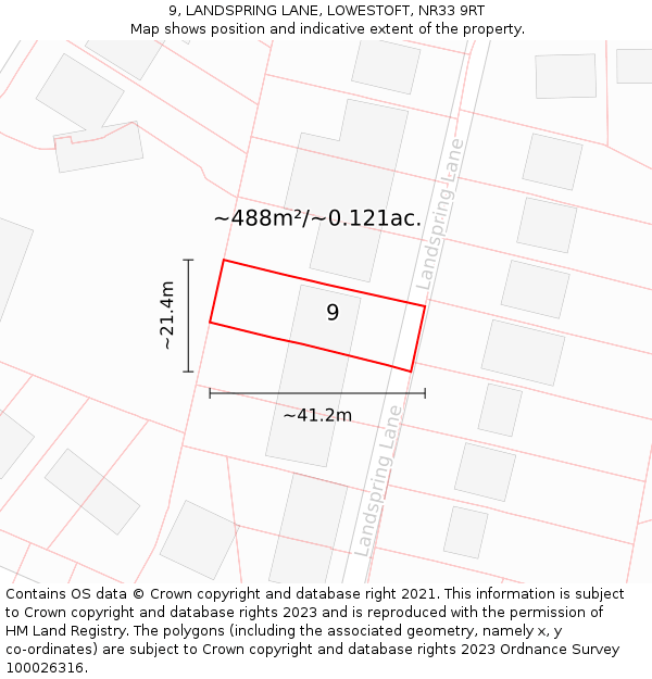 9, LANDSPRING LANE, LOWESTOFT, NR33 9RT: Plot and title map