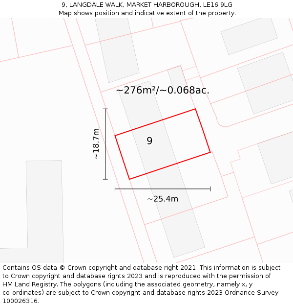9, LANGDALE WALK, MARKET HARBOROUGH, LE16 9LG: Plot and title map