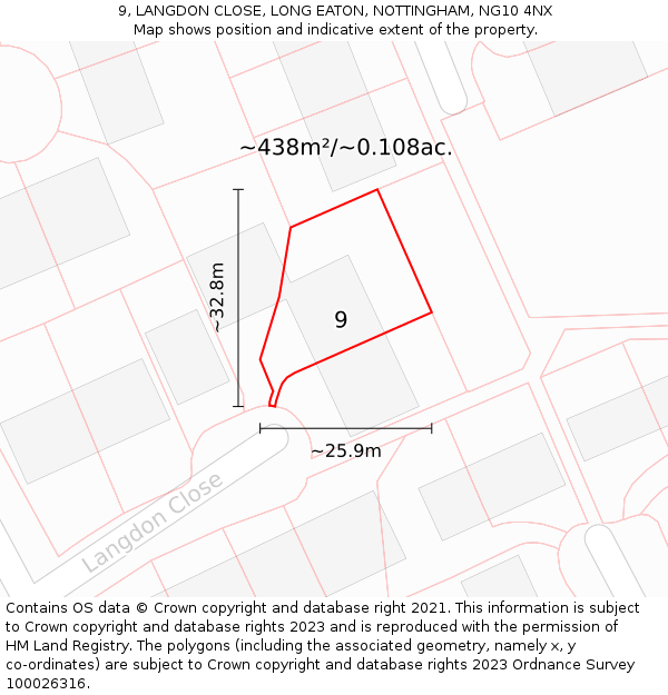 9, LANGDON CLOSE, LONG EATON, NOTTINGHAM, NG10 4NX: Plot and title map