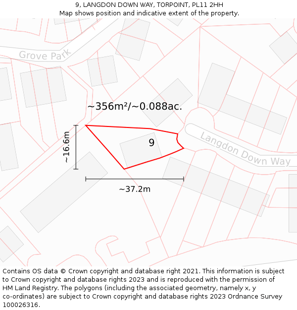 9, LANGDON DOWN WAY, TORPOINT, PL11 2HH: Plot and title map