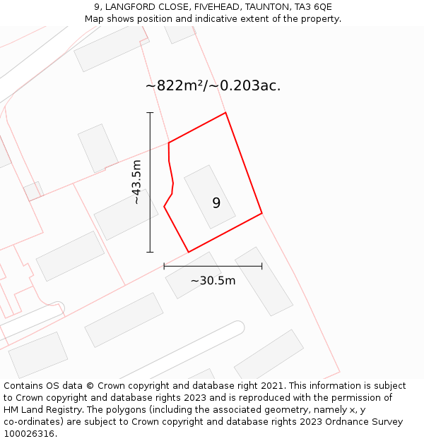 9, LANGFORD CLOSE, FIVEHEAD, TAUNTON, TA3 6QE: Plot and title map