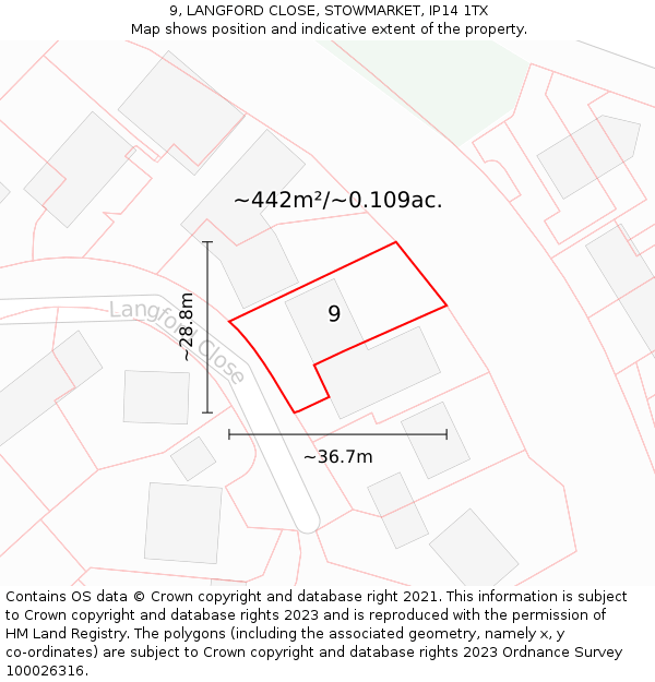 9, LANGFORD CLOSE, STOWMARKET, IP14 1TX: Plot and title map