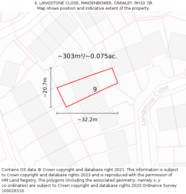 9, LANGSTONE CLOSE, MAIDENBOWER, CRAWLEY, RH10 7JR: Plot and title map