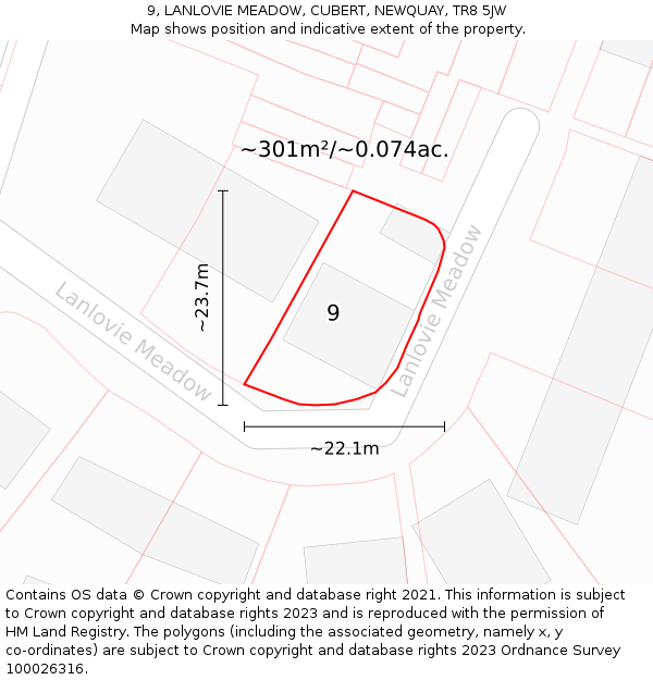 9, LANLOVIE MEADOW, CUBERT, NEWQUAY, TR8 5JW: Plot and title map