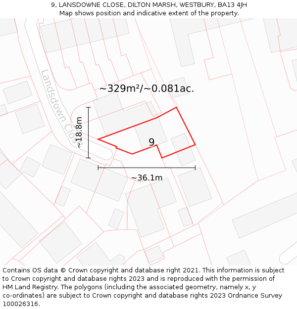 9, LANSDOWNE CLOSE, DILTON MARSH, WESTBURY, BA13 4JH: Plot and title map