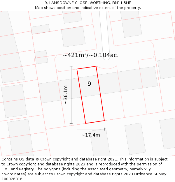 9, LANSDOWNE CLOSE, WORTHING, BN11 5HF: Plot and title map