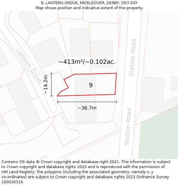 9, LANTERN GROVE, MICKLEOVER, DERBY, DE3 0GY: Plot and title map