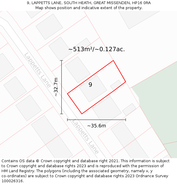 9, LAPPETTS LANE, SOUTH HEATH, GREAT MISSENDEN, HP16 0RA: Plot and title map