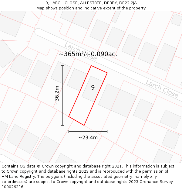 9, LARCH CLOSE, ALLESTREE, DERBY, DE22 2JA: Plot and title map