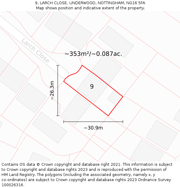 9, LARCH CLOSE, UNDERWOOD, NOTTINGHAM, NG16 5FA: Plot and title map