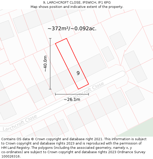 9, LARCHCROFT CLOSE, IPSWICH, IP1 6PG: Plot and title map