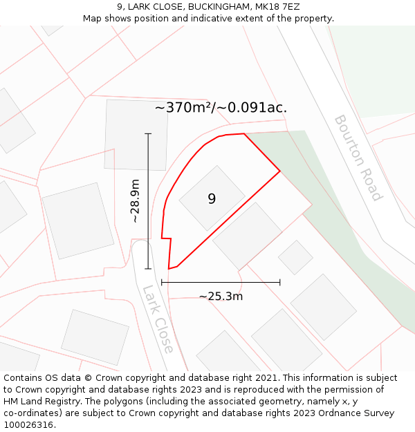 9, LARK CLOSE, BUCKINGHAM, MK18 7EZ: Plot and title map