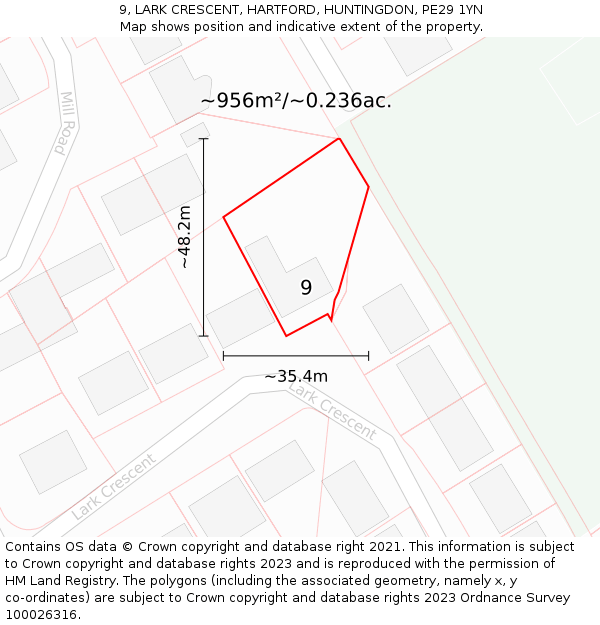 9, LARK CRESCENT, HARTFORD, HUNTINGDON, PE29 1YN: Plot and title map