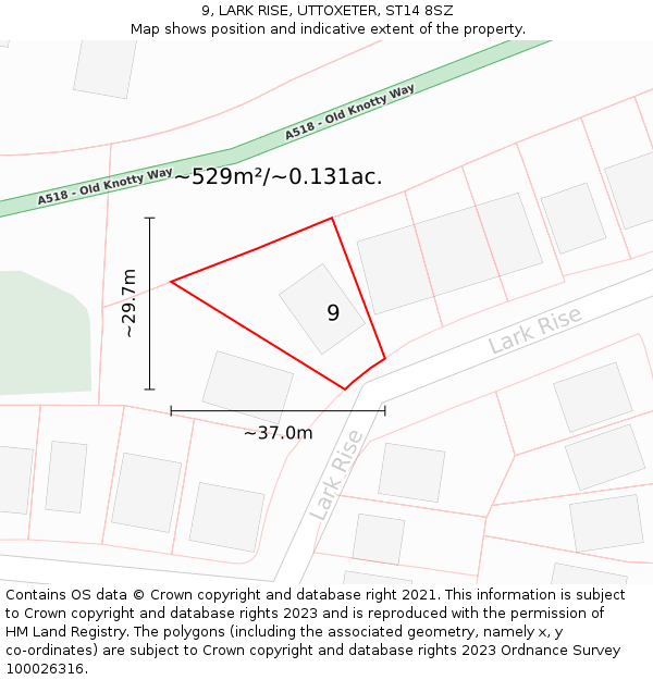 9, LARK RISE, UTTOXETER, ST14 8SZ: Plot and title map
