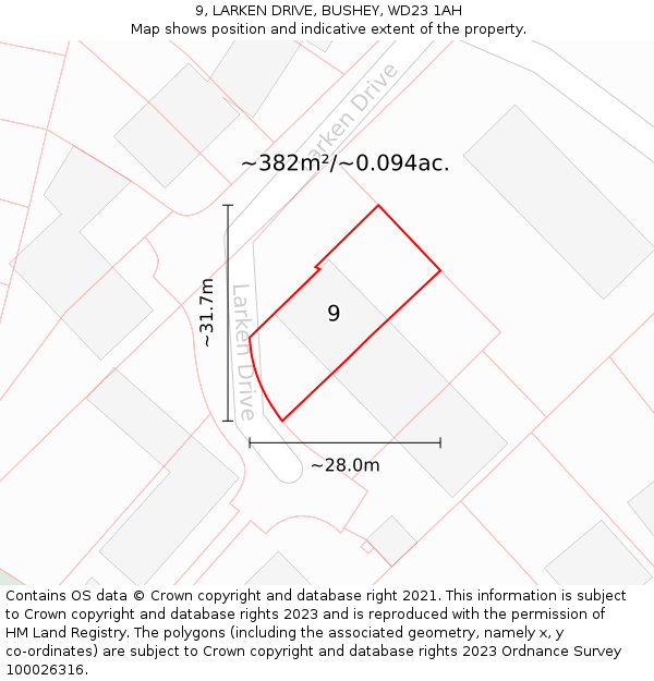 9, LARKEN DRIVE, BUSHEY, WD23 1AH: Plot and title map