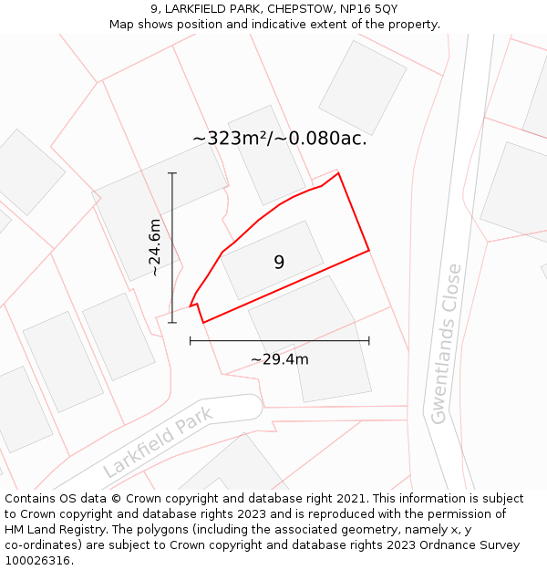 9, LARKFIELD PARK, CHEPSTOW, NP16 5QY: Plot and title map