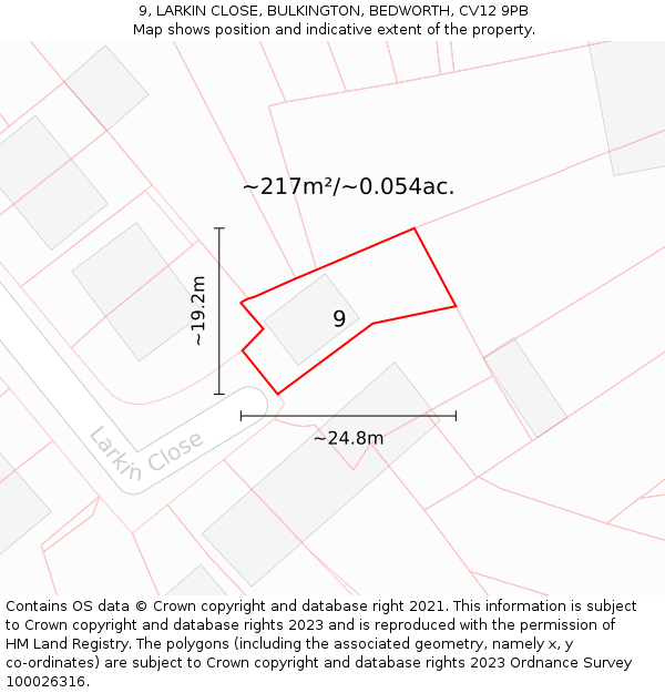 9, LARKIN CLOSE, BULKINGTON, BEDWORTH, CV12 9PB: Plot and title map