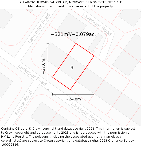 9, LARKSPUR ROAD, WHICKHAM, NEWCASTLE UPON TYNE, NE16 4LE: Plot and title map