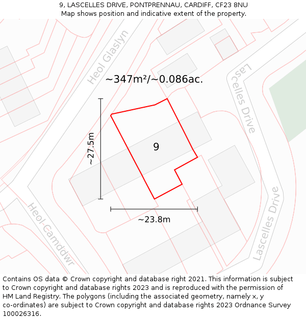 9, LASCELLES DRIVE, PONTPRENNAU, CARDIFF, CF23 8NU: Plot and title map