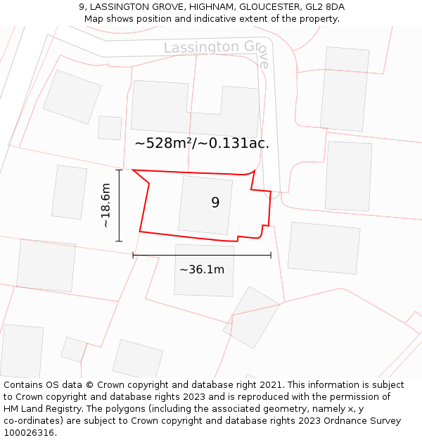 9, LASSINGTON GROVE, HIGHNAM, GLOUCESTER, GL2 8DA: Plot and title map