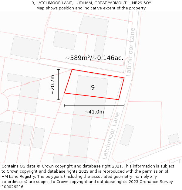 9, LATCHMOOR LANE, LUDHAM, GREAT YARMOUTH, NR29 5QY: Plot and title map