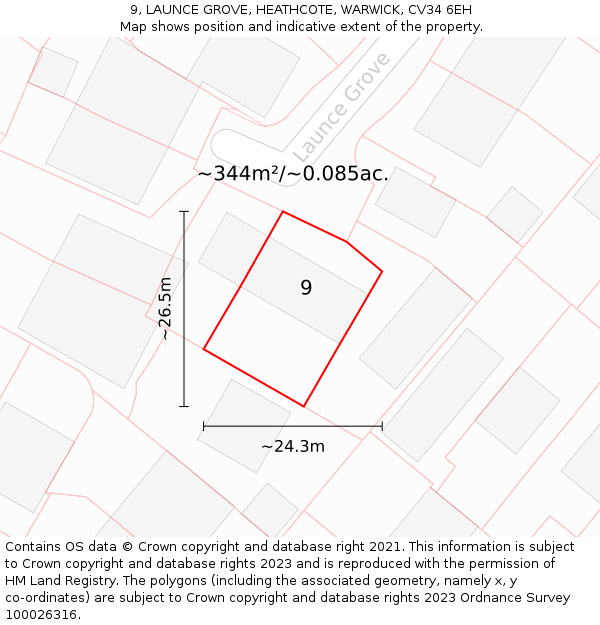 9, LAUNCE GROVE, HEATHCOTE, WARWICK, CV34 6EH: Plot and title map