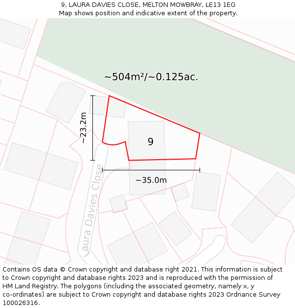 9, LAURA DAVIES CLOSE, MELTON MOWBRAY, LE13 1EG: Plot and title map