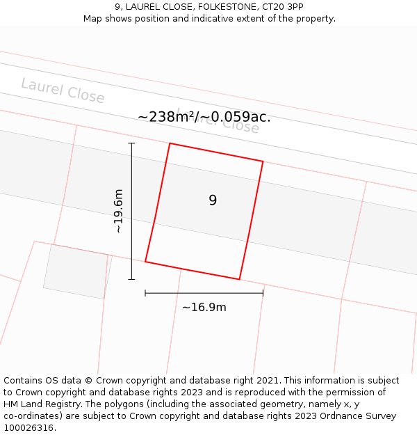 9, LAUREL CLOSE, FOLKESTONE, CT20 3PP: Plot and title map
