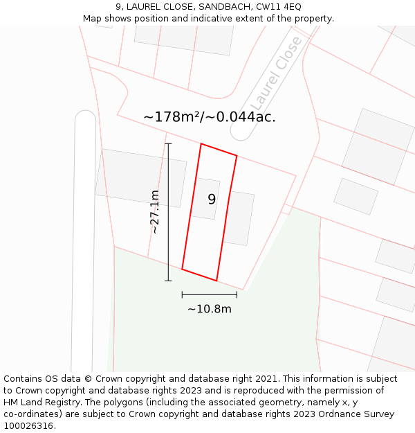 9, LAUREL CLOSE, SANDBACH, CW11 4EQ: Plot and title map