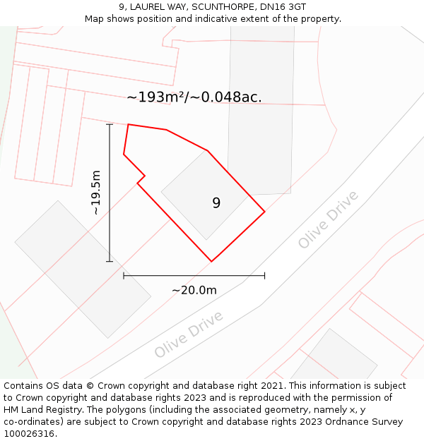 9, LAUREL WAY, SCUNTHORPE, DN16 3GT: Plot and title map