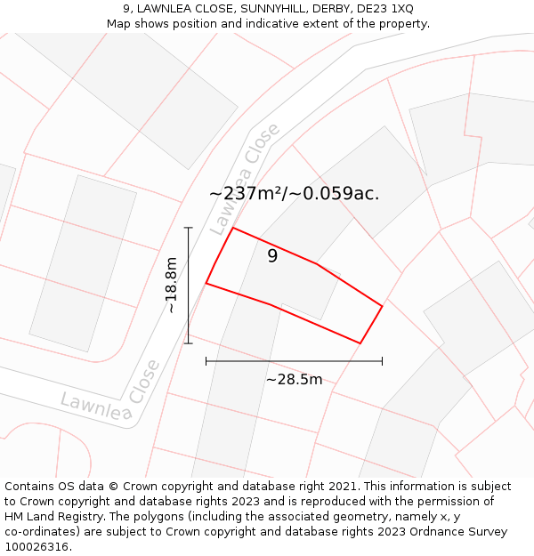 9, LAWNLEA CLOSE, SUNNYHILL, DERBY, DE23 1XQ: Plot and title map