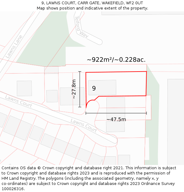 9, LAWNS COURT, CARR GATE, WAKEFIELD, WF2 0UT: Plot and title map