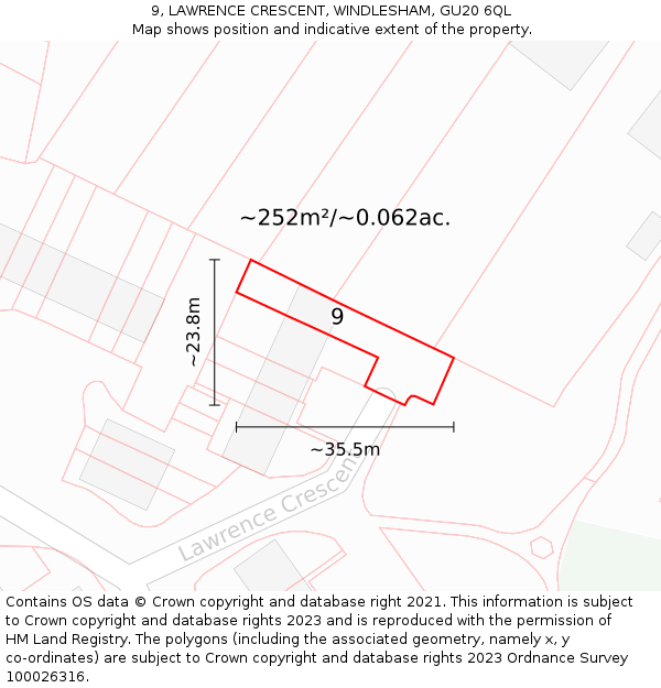 9, LAWRENCE CRESCENT, WINDLESHAM, GU20 6QL: Plot and title map