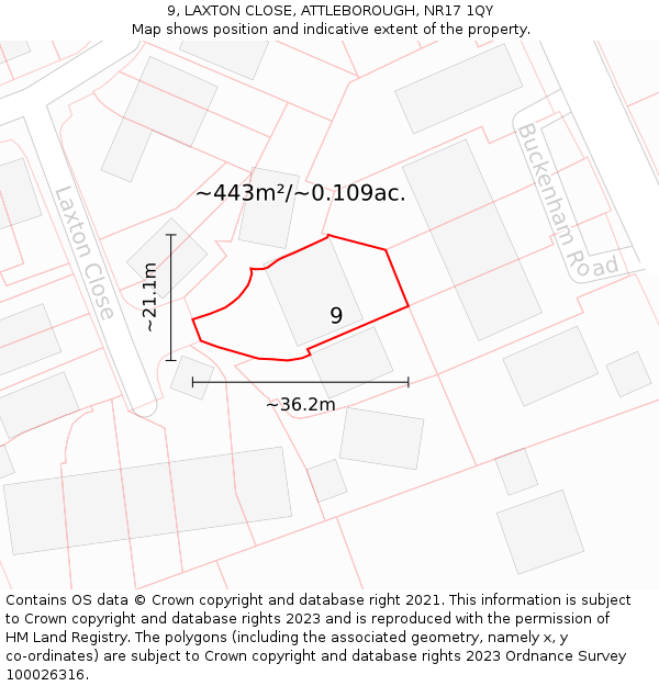 9, LAXTON CLOSE, ATTLEBOROUGH, NR17 1QY: Plot and title map