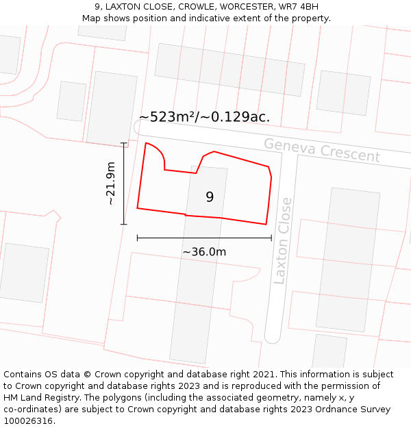 9, LAXTON CLOSE, CROWLE, WORCESTER, WR7 4BH: Plot and title map