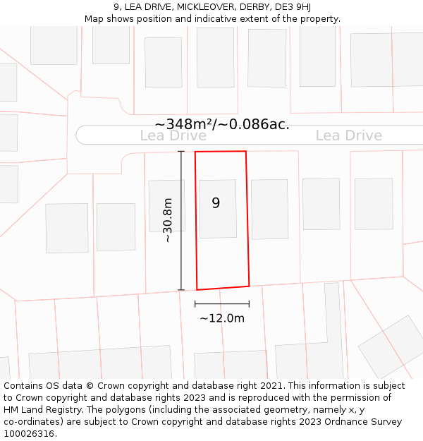 9, LEA DRIVE, MICKLEOVER, DERBY, DE3 9HJ: Plot and title map