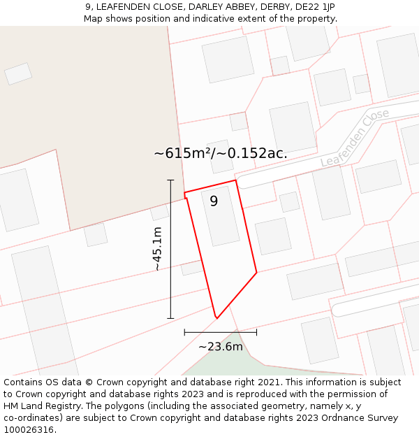 9, LEAFENDEN CLOSE, DARLEY ABBEY, DERBY, DE22 1JP: Plot and title map