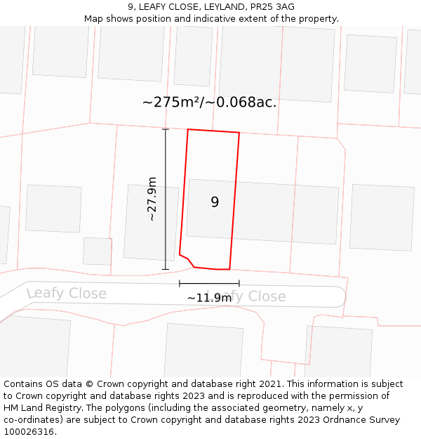 9, LEAFY CLOSE, LEYLAND, PR25 3AG: Plot and title map