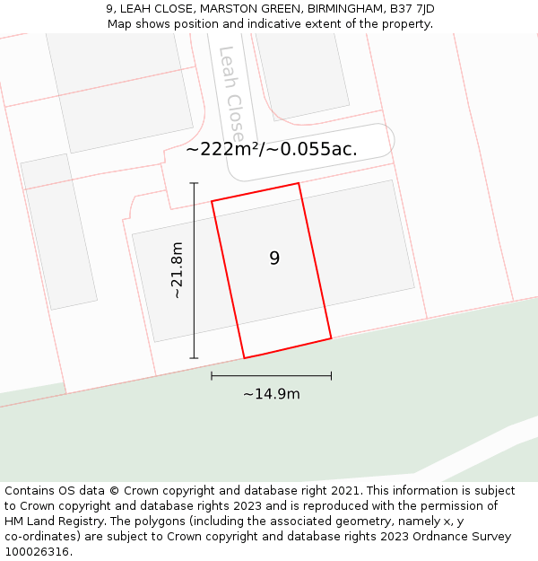 9, LEAH CLOSE, MARSTON GREEN, BIRMINGHAM, B37 7JD: Plot and title map