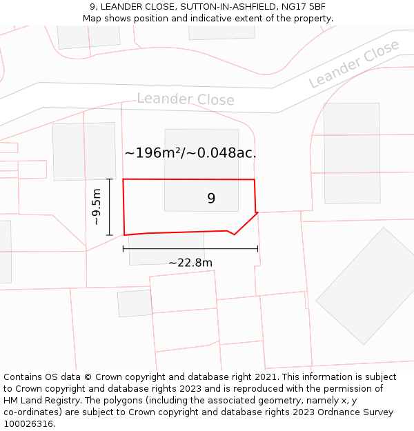 9, LEANDER CLOSE, SUTTON-IN-ASHFIELD, NG17 5BF: Plot and title map