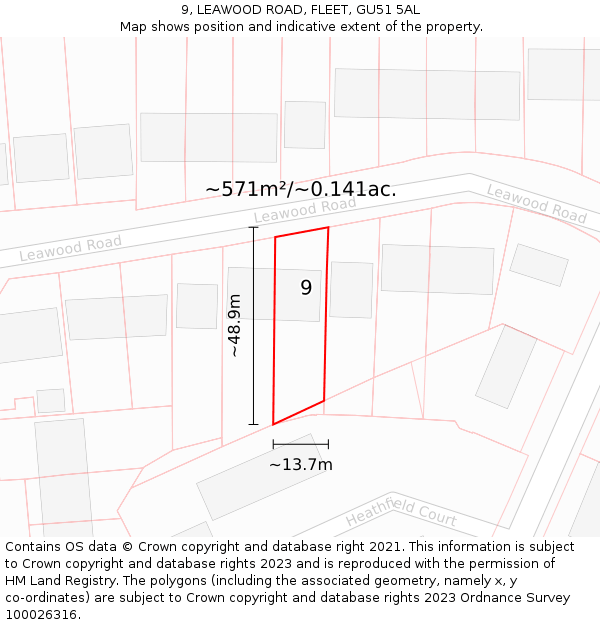 9, LEAWOOD ROAD, FLEET, GU51 5AL: Plot and title map