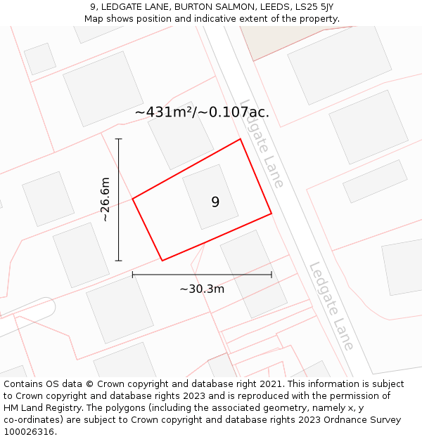 9, LEDGATE LANE, BURTON SALMON, LEEDS, LS25 5JY: Plot and title map