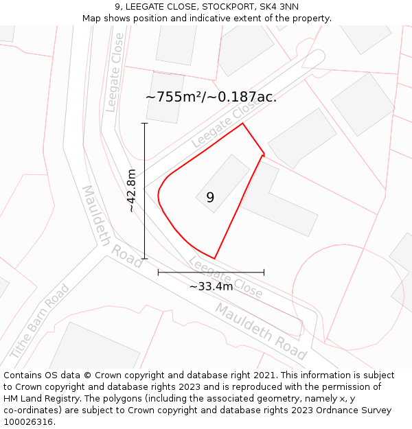 9, LEEGATE CLOSE, STOCKPORT, SK4 3NN: Plot and title map