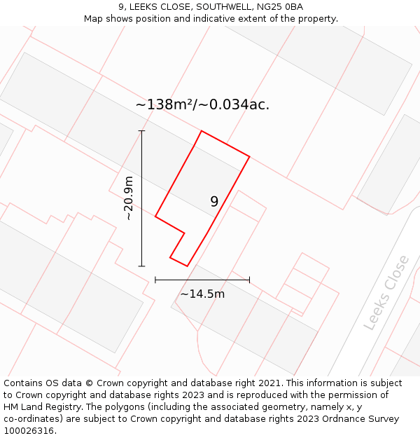 9, LEEKS CLOSE, SOUTHWELL, NG25 0BA: Plot and title map