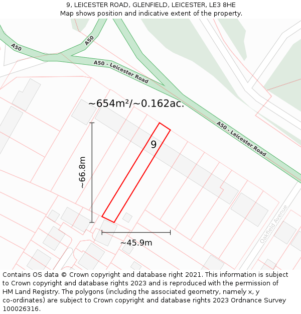 9, LEICESTER ROAD, GLENFIELD, LEICESTER, LE3 8HE: Plot and title map