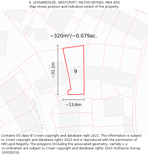 9, LEONARDSLEE, WESTCROFT, MILTON KEYNES, MK4 4DS: Plot and title map