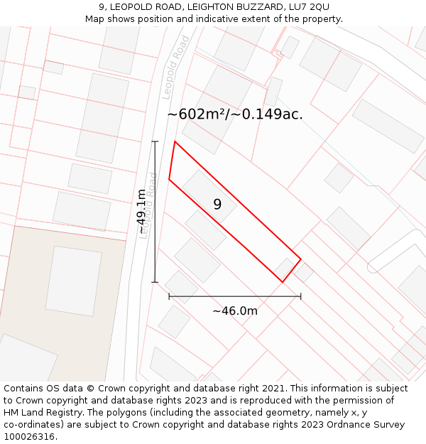 9, LEOPOLD ROAD, LEIGHTON BUZZARD, LU7 2QU: Plot and title map