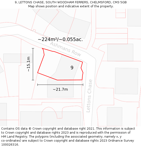 9, LETTONS CHASE, SOUTH WOODHAM FERRERS, CHELMSFORD, CM3 5GB: Plot and title map
