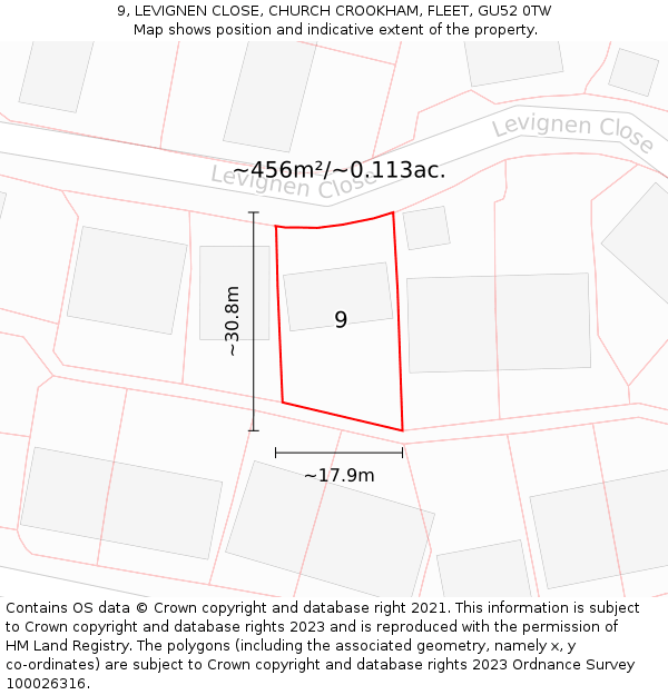 9, LEVIGNEN CLOSE, CHURCH CROOKHAM, FLEET, GU52 0TW: Plot and title map