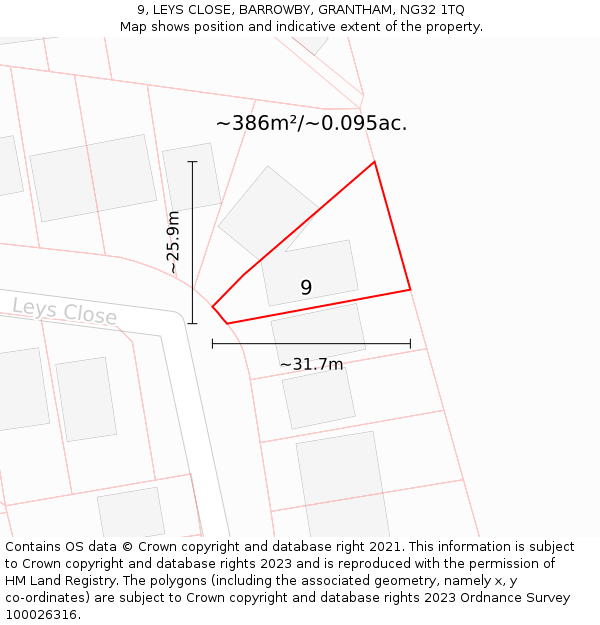9, LEYS CLOSE, BARROWBY, GRANTHAM, NG32 1TQ: Plot and title map